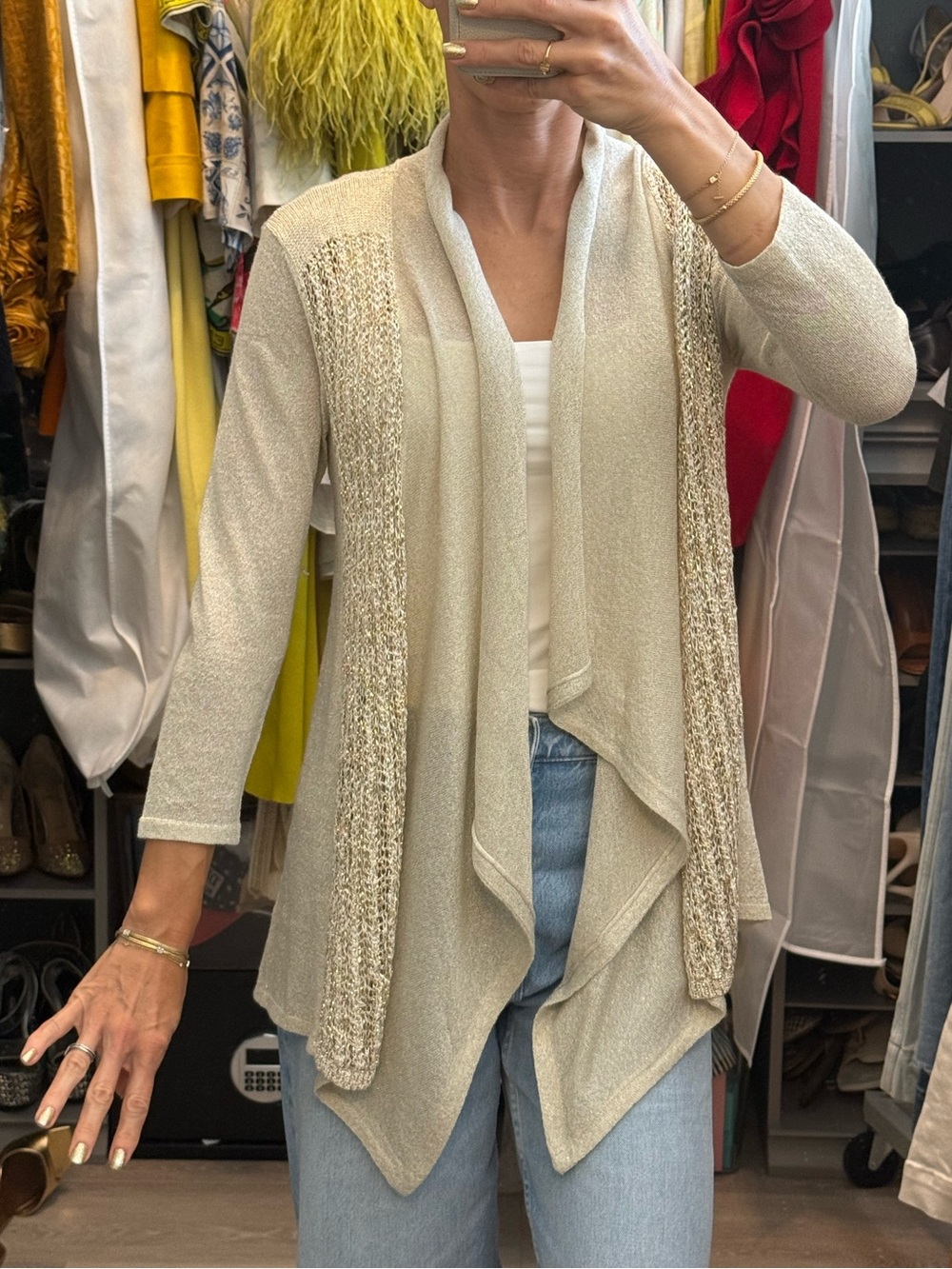 Cache Light Cream Open-Front Draped Cardigan with Textured Panels